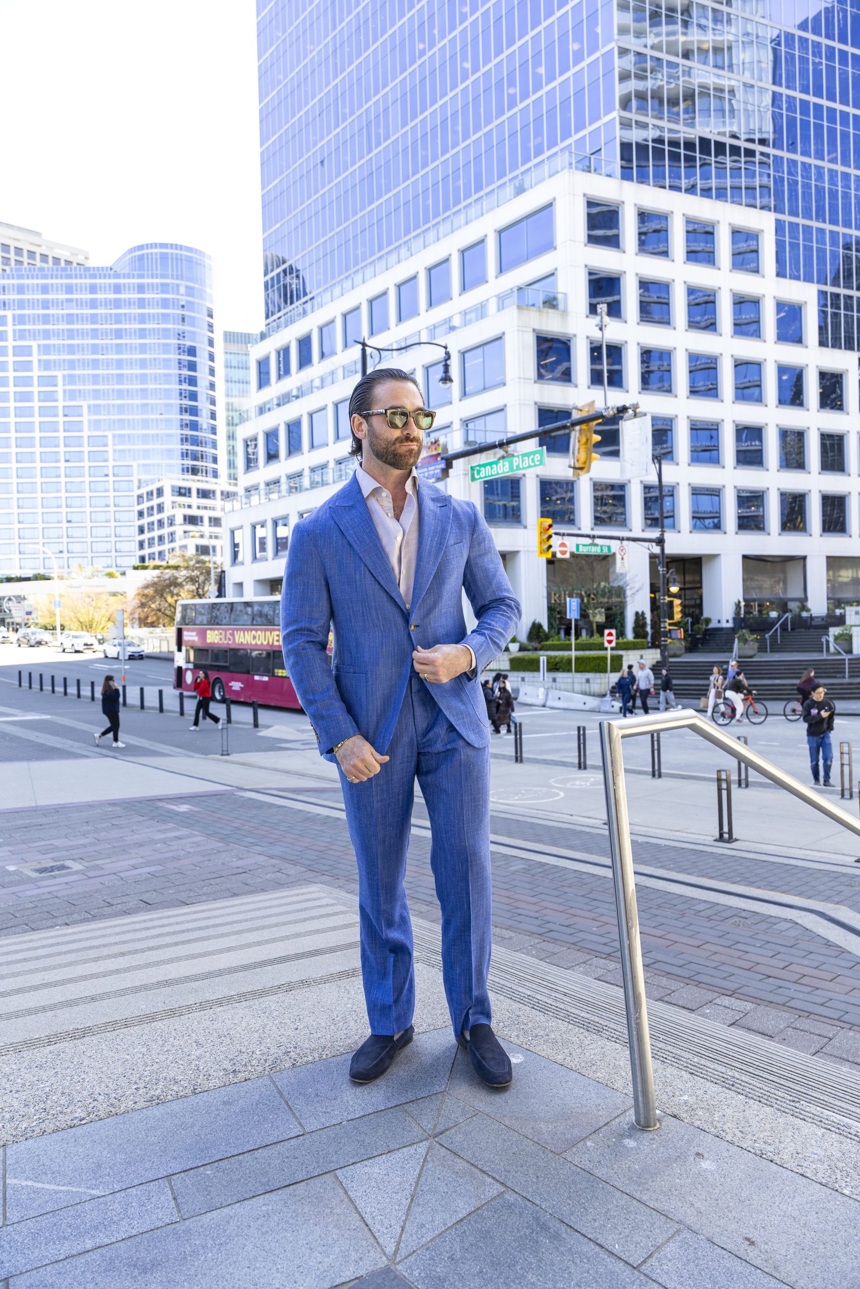 Athletic man in a well-fitted tailored suit in Vancouver.