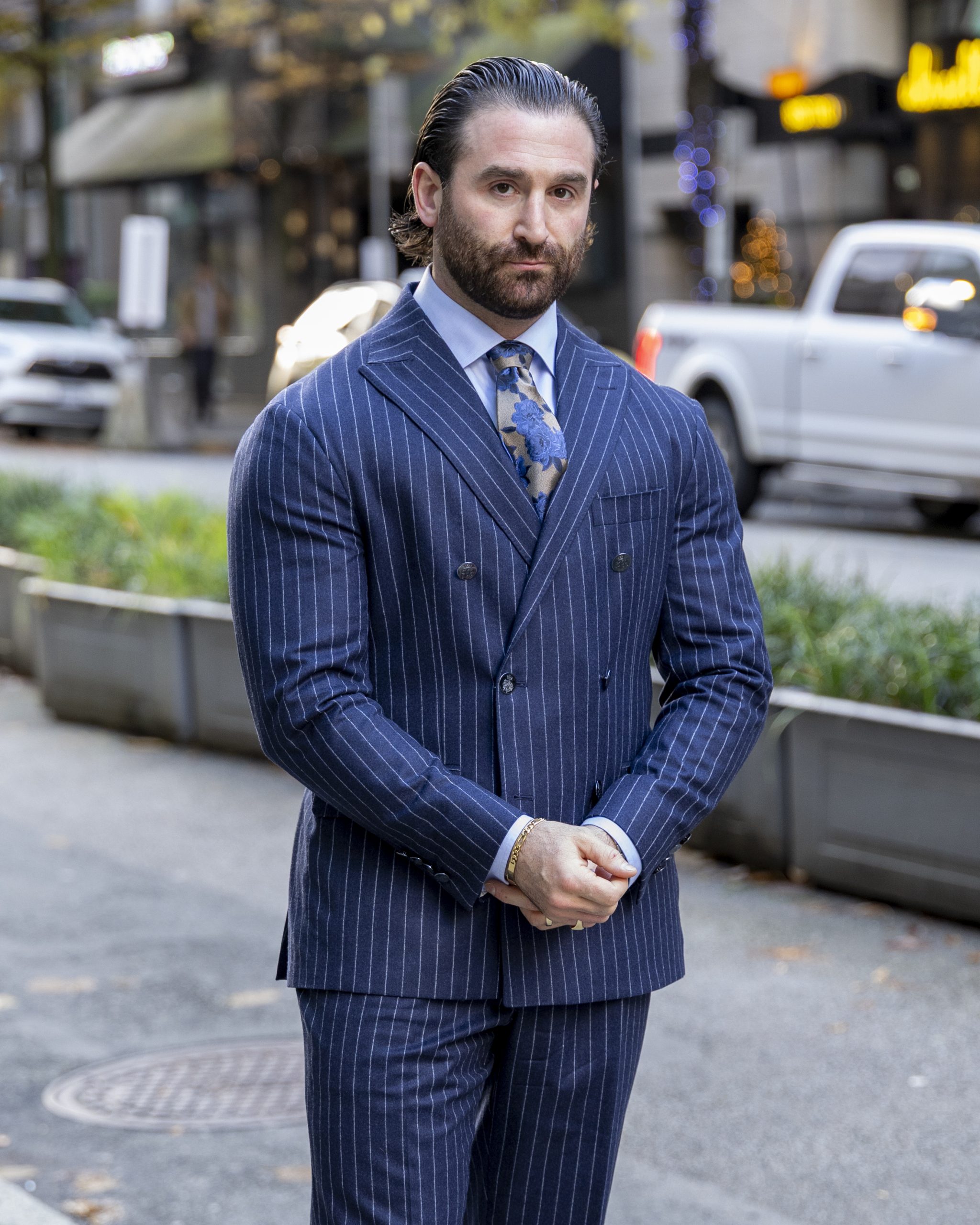 Wool-stretch suiting fabric detail — tailored suit for athletic builds in Vancouver.